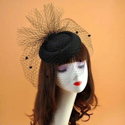 Round Cocktail Hat with Net Polka Dot Veil - Image 2